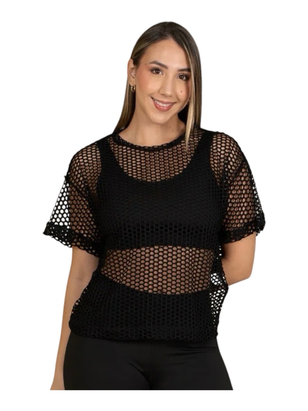 Black Open-Knit Mesh Short Sleeve Tee - Layering Top